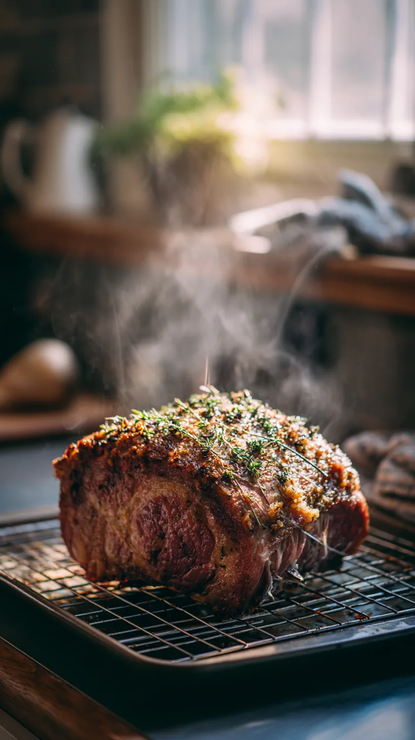 prime rib roast resting on a rack over a pan