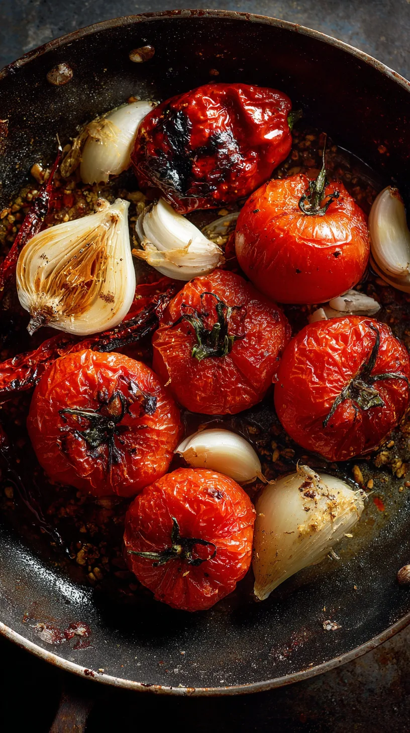 Roma tomatoes blistering and collapsing in a dry skillet alongside white onion, garlic cloves, and a whole habanero