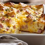 Slice of ham and cheese breakfast casserole with fluffy eggs and melted cheese on a white plate.