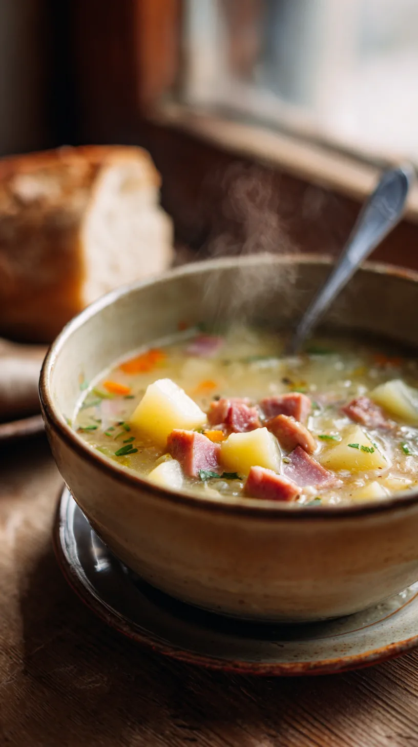 ham and potato soup on a wooden table