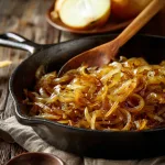 Close-up of golden brown caramelized onions in a skillet with glossy edges and a wooden spoon.